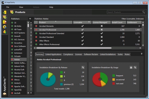 Logiciel - 1E - AppClarity - gestion des actifs logiciels - interface de gestion
