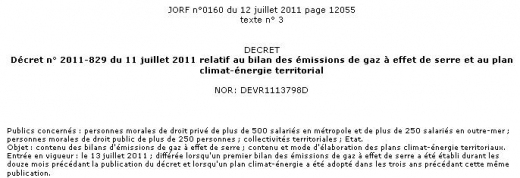 Grenelle II - évaluation des émissions de gaz à effet de serre - décret 2011-829