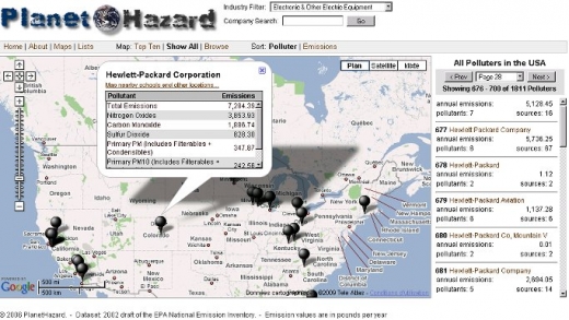 Planet Hazard - carte des émissions de CO2 aux USA par industrie - exemple de HP