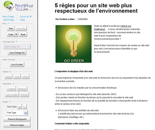 Nettoyage d'un article GreenIT.fr avec PrintWhatYouLike