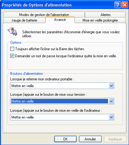 Configuration Avancé de l'alimentation XP