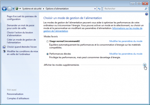 Profils d'alimentation windows Seven