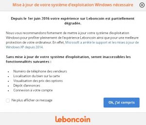 Leboncoin - popup - fin support XP