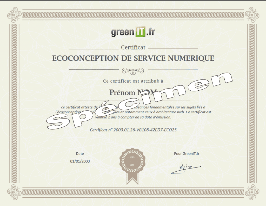 Certification écoconception de service numérique - exemple de certificat
