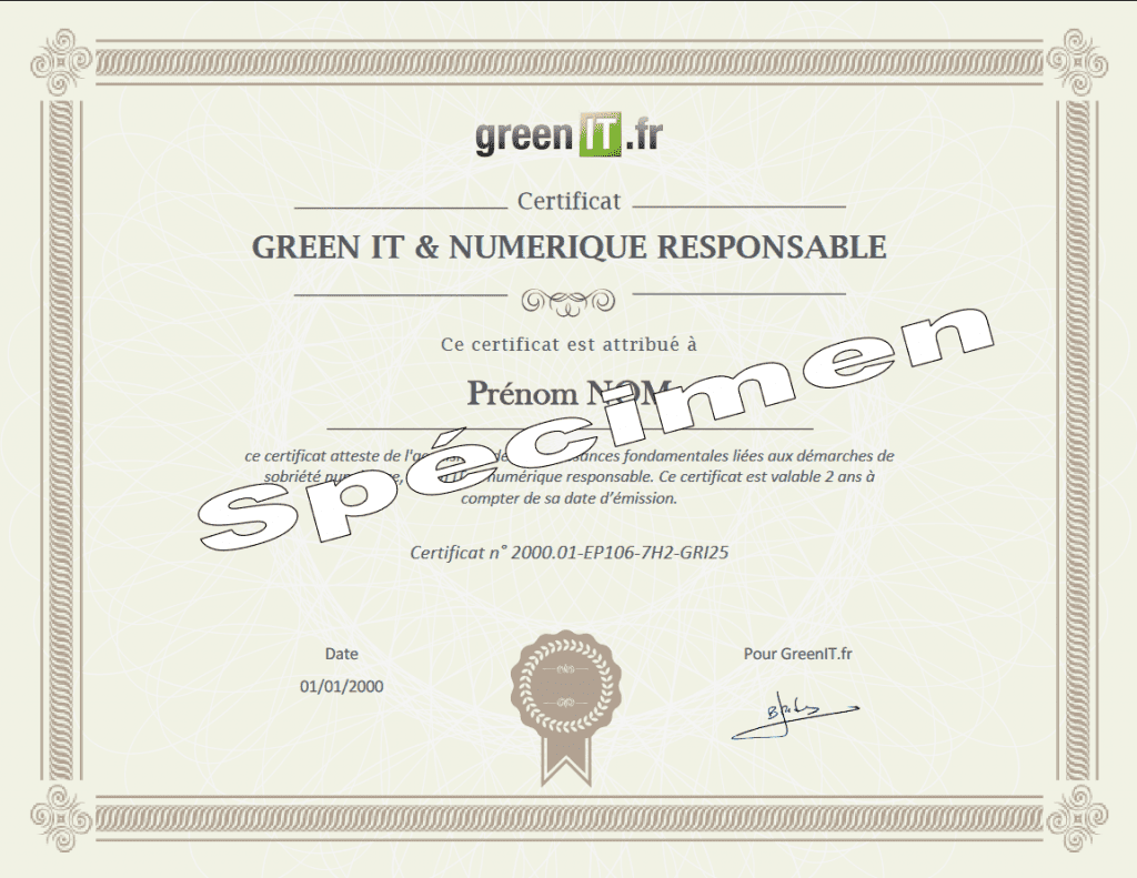 Certification numérique responsable - exemple de certificat
